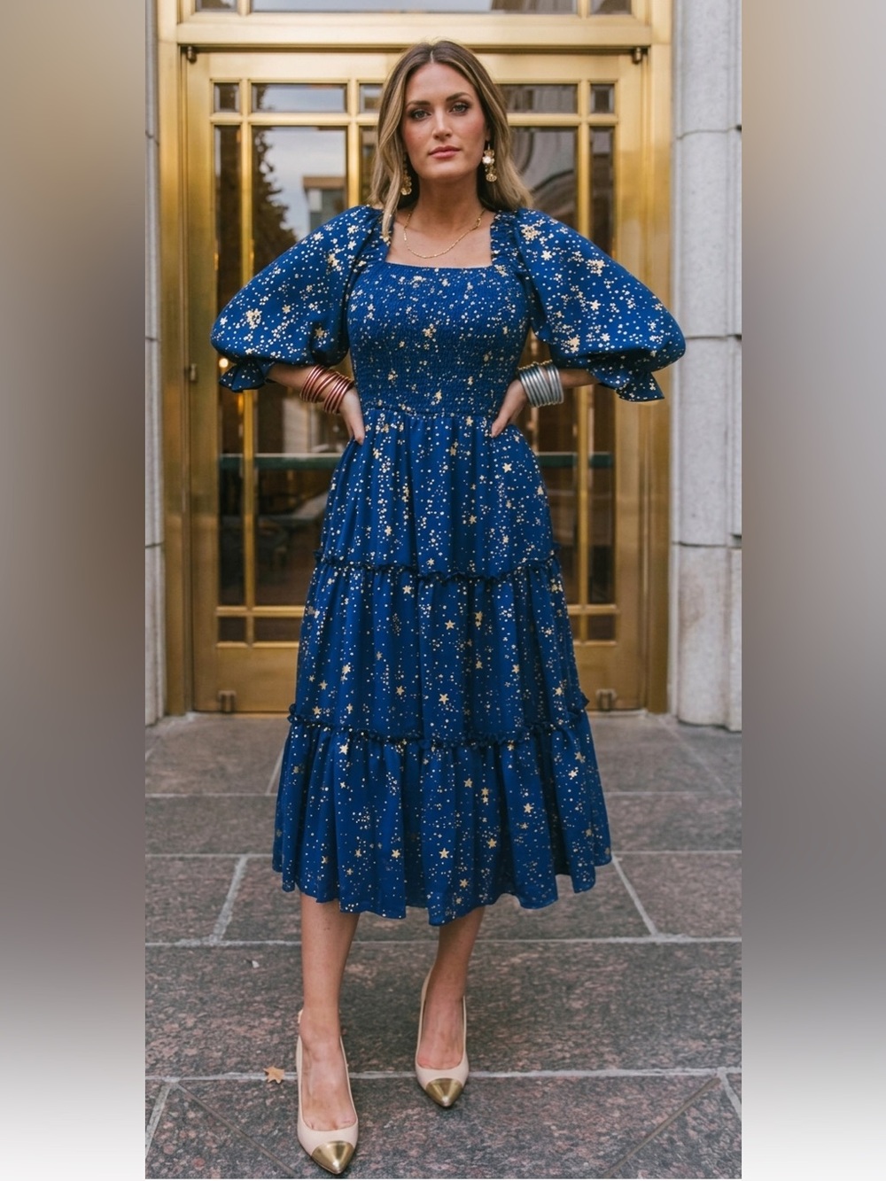 Ivy City Co Gold Starry Nights Flowy Smocked Tiered Maxi Dress Size 3X